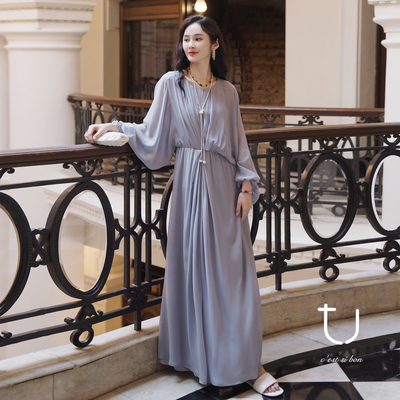 TU真丝不对称连衣裙2026年秋季新款绝美掐腰显瘦中长款桑蚕丝裙子