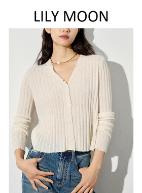 LILYMOON春秋白厂丝羊绒开衫羊绒针织毛衣女