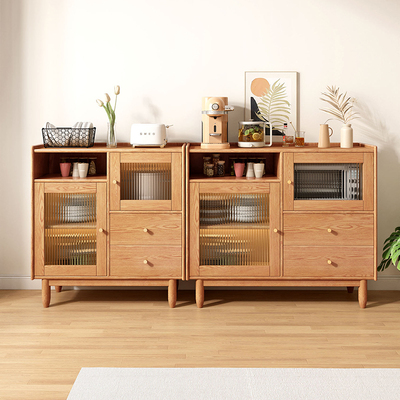 进口橡胶木餐边柜客厅家用樱桃木色茶水柜靠墙小边柜实木储物柜