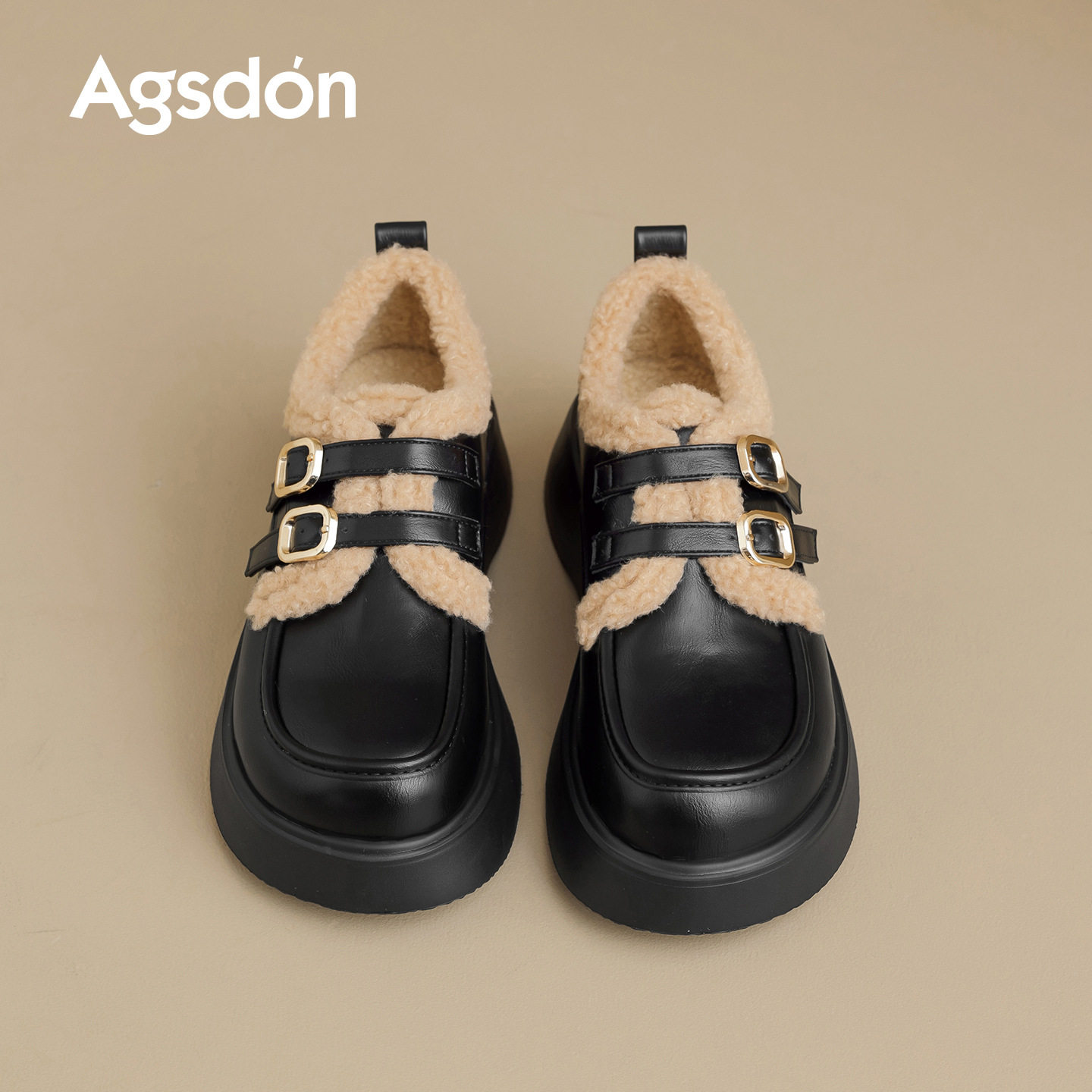 奥古狮登品牌官方正品黑色乐福鞋女2026新款冬季加绒厚底毛毛单鞋,女鞋,乐福鞋（豆豆鞋）,淘宝优惠券,粉丝福利购,淘宝优惠卷
