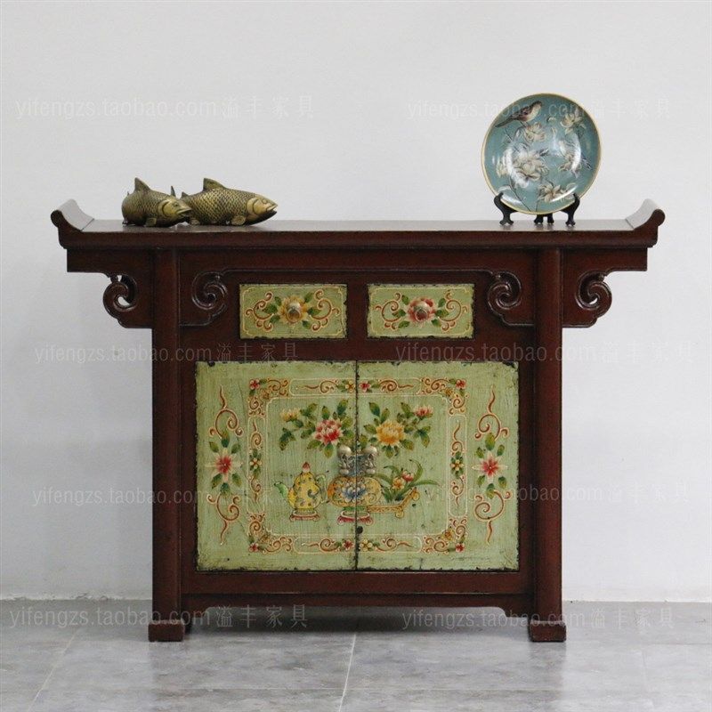 新中式实木家具客厅玄关柜做旧手绘餐边柜复古典鞋柜储物门厅装饰
