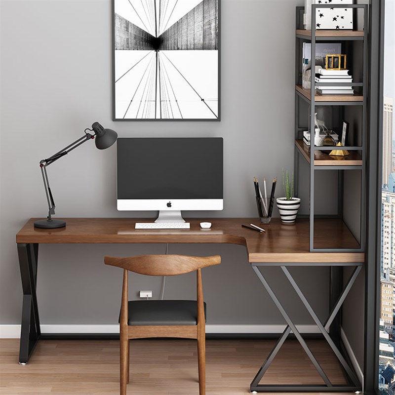 简约实木L型拐角书桌家用卧室书房学习工作办公桌铁艺台式电脑桌