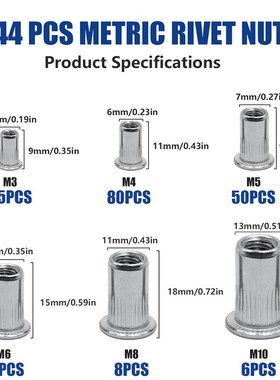 304不锈钢公制美制平头竖纹拉铆螺母盒装 444pcs彩锌滚花拉铆螺母