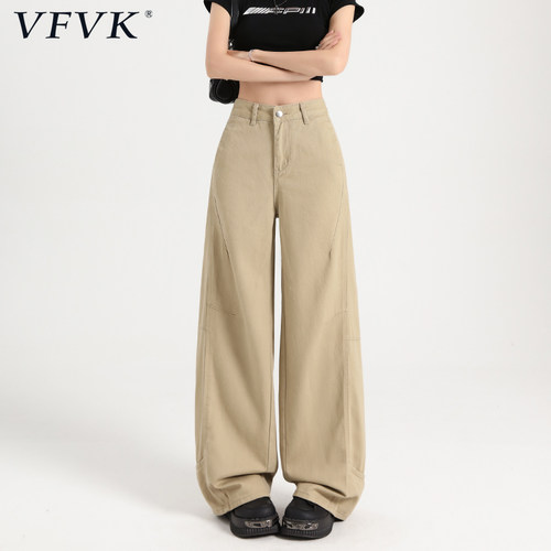 vfvk浅卡其色阔腿牛仔裤女夏季薄款裤子新款设计感宽松垂感直筒裤