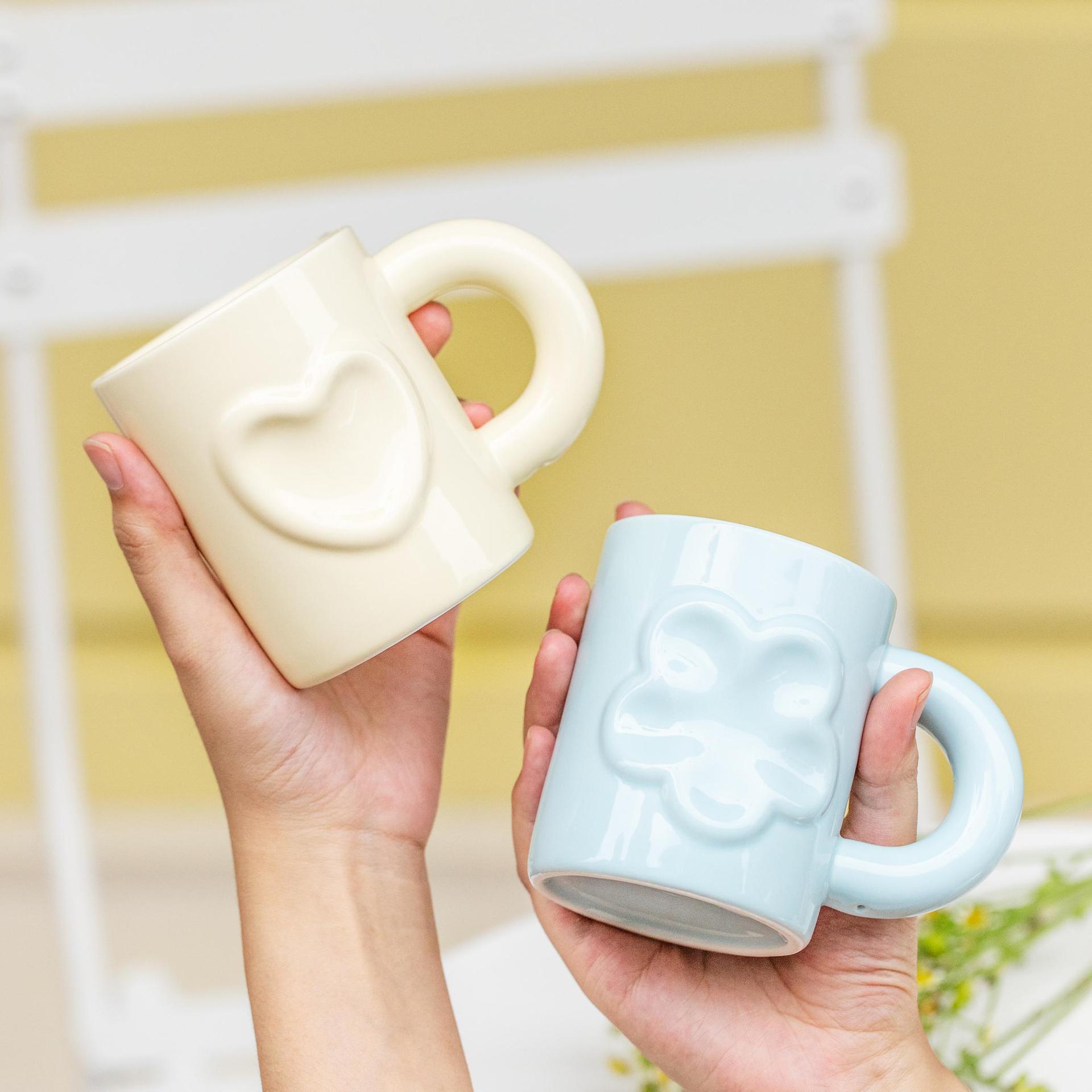 韩版ins浮雕花朵陶瓷杯可爱少女心马克杯设计感水杯 女杯子咖啡杯