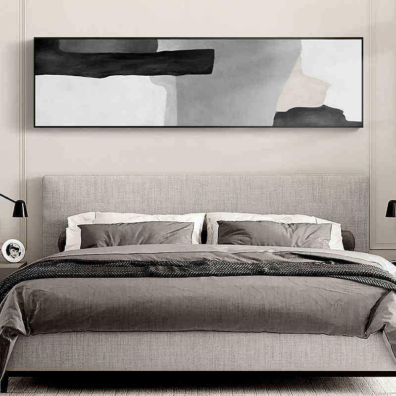 现代简约抽象卧室床头装饰画黑白灰油画挂画主卧房间墙面酒店壁画