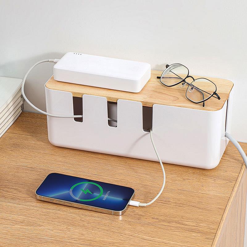 桌面塑料电源线插座保护盒木纹盖防尘多功能数据线整理盒子收纳盒