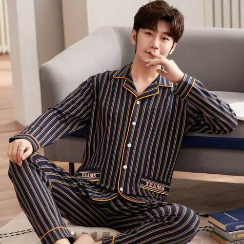 哚兰琪睡衣男纯棉长袖中年青年春秋冬季薄款开衫翻领大码男士睡衣