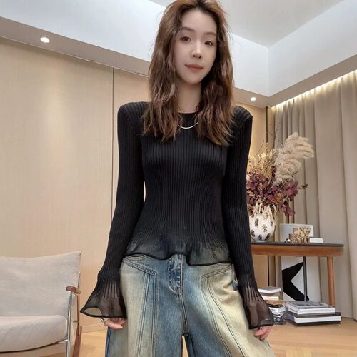 黑色荷叶边长袖针织衫秋装女款20
