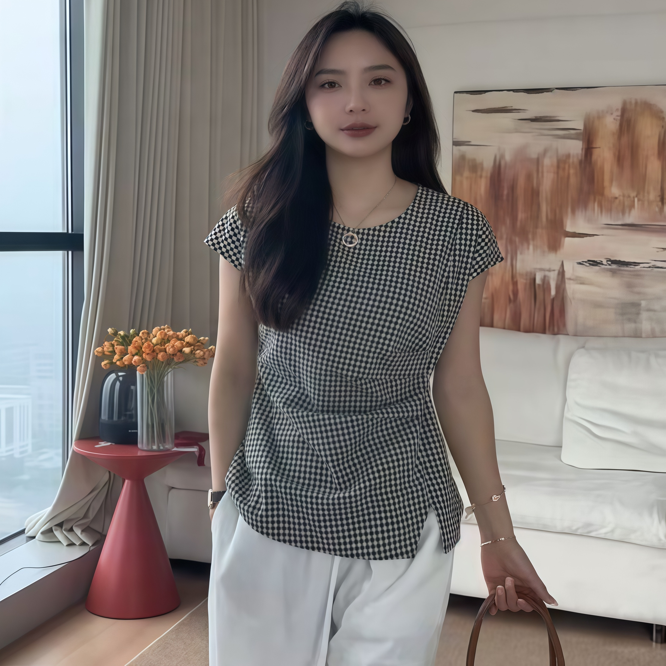 法式复古小飞袖格子衬衫女