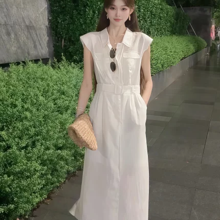 法式气质高级感白色棉麻连衣裙2025新款夏季设计感收腰绑带长裙子