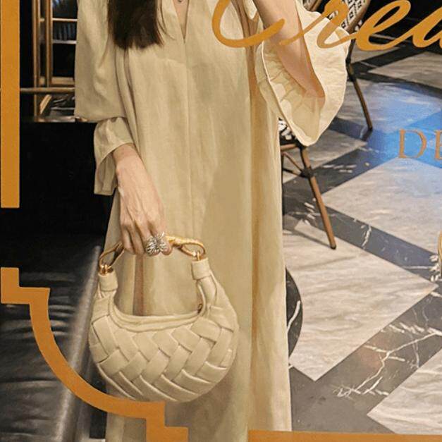 高级感亚麻莱赛尔七分袖连衣裙女夏款2025新款洋气减龄绝美长裙子