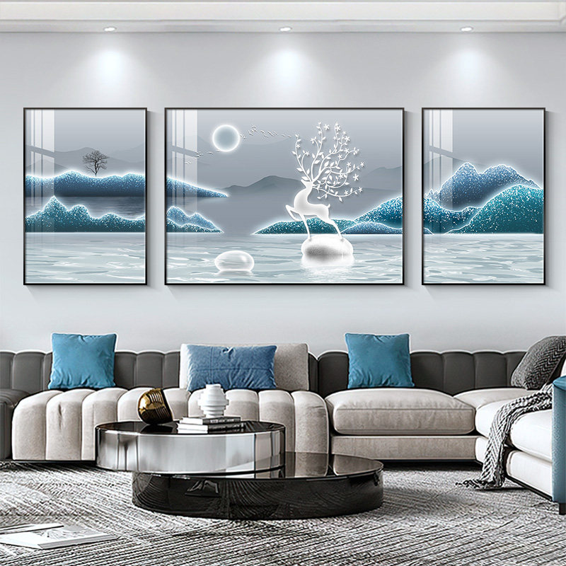 福鹿山水客厅装饰画 画轻奢高级感沙发背景墙蓝色抽象三联挂画 画
