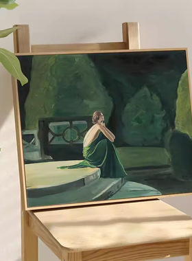 坐在台阶上的人复古法式客厅装饰画玄关绿色裙子挂画小众人物壁画