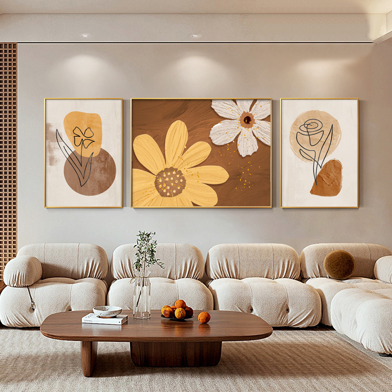 艺术感沙发背景墙装饰画ins奶油风别墅三联壁画抽象花卉客厅挂画图片