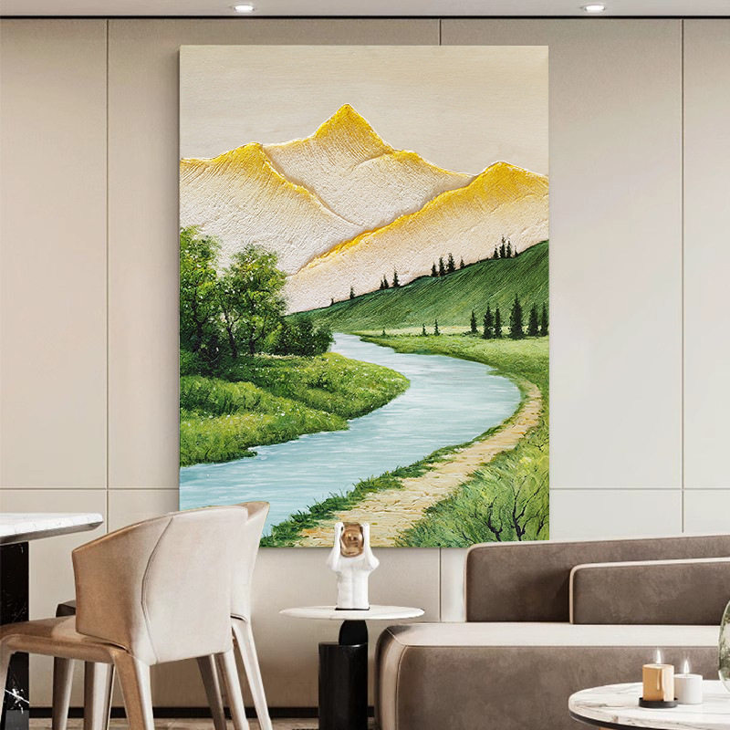 手绘油画日照金山玄关山水风景肌理画客厅装饰画抽象玄关挂画