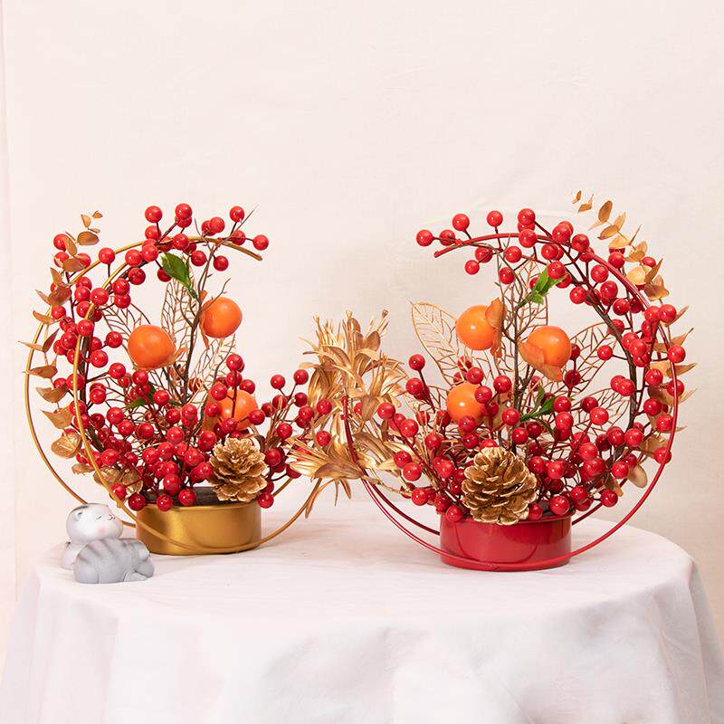 新居假花布置装饰花篮银月亮客厅发财果成品立式空调客厅摆件乔迁