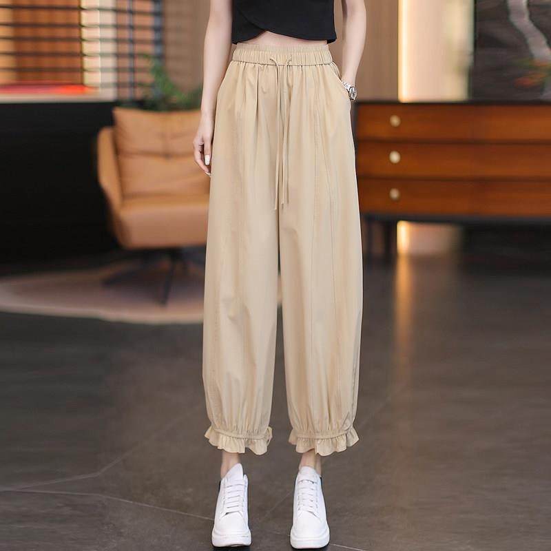 卡其色木耳边阔腿裤2025夏季新款百搭花边灯笼裤小个子防晒八分裤,女装/女士精品,休闲裤,淘宝优惠券,粉丝福利购,淘宝优惠卷