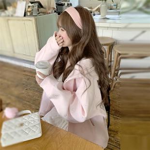 韩系甜美粉色薄款连帽卫衣外套女早秋宽松慵懒风长袖显瘦开衫上衣
