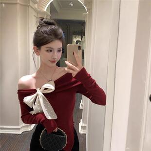 法式蝴蝶结绑带长袖T恤女秋冬性感一字领露肩短款修身上衣针织衫