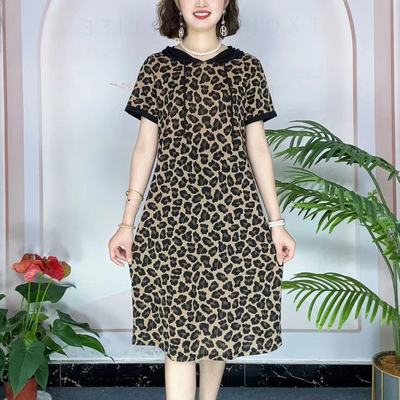 时尚豹纹连帽连衣裙短袖妈妈裙子