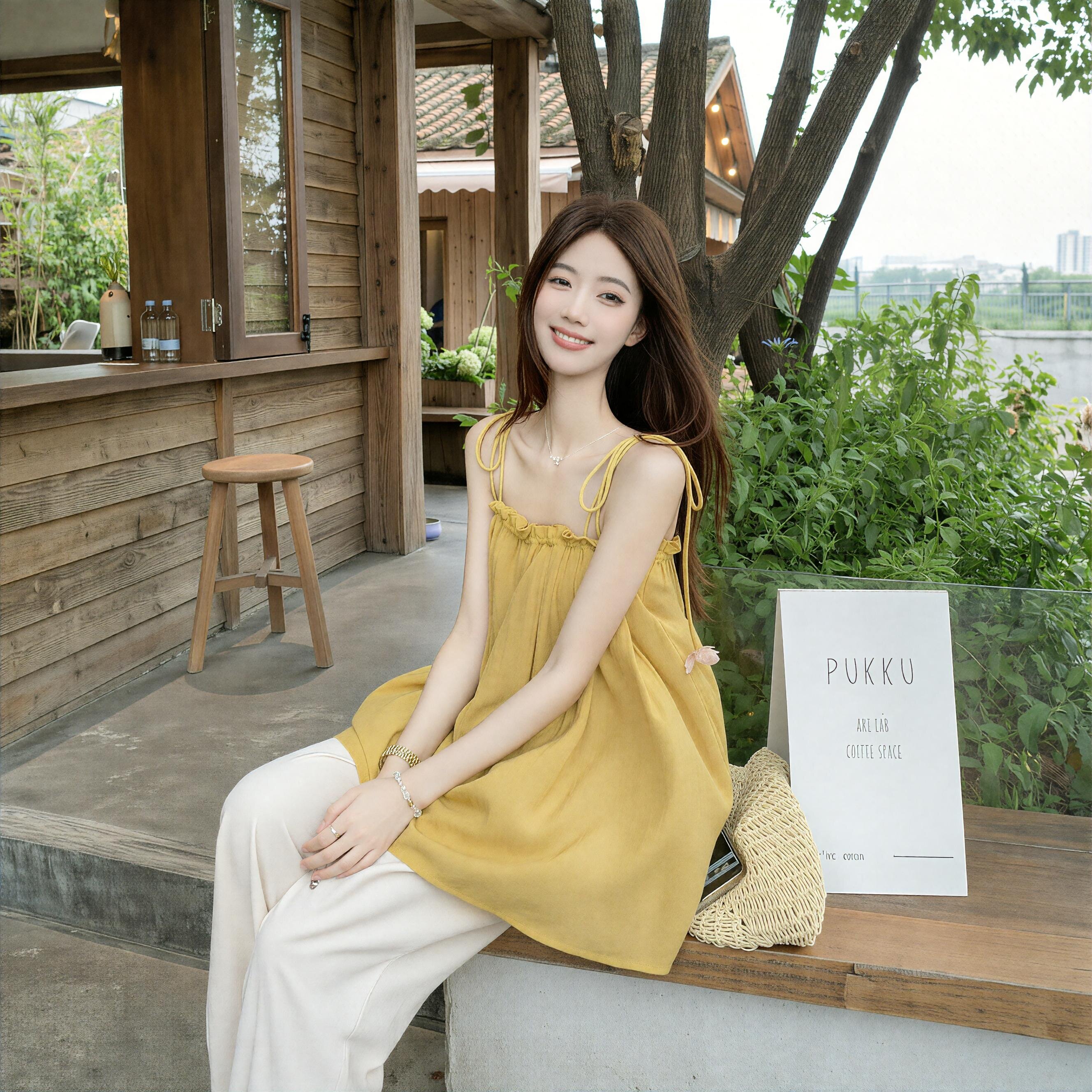 韩系花朵吊带压褶背心女2026夏季新款纯欲风减龄宽松系带外穿上衣