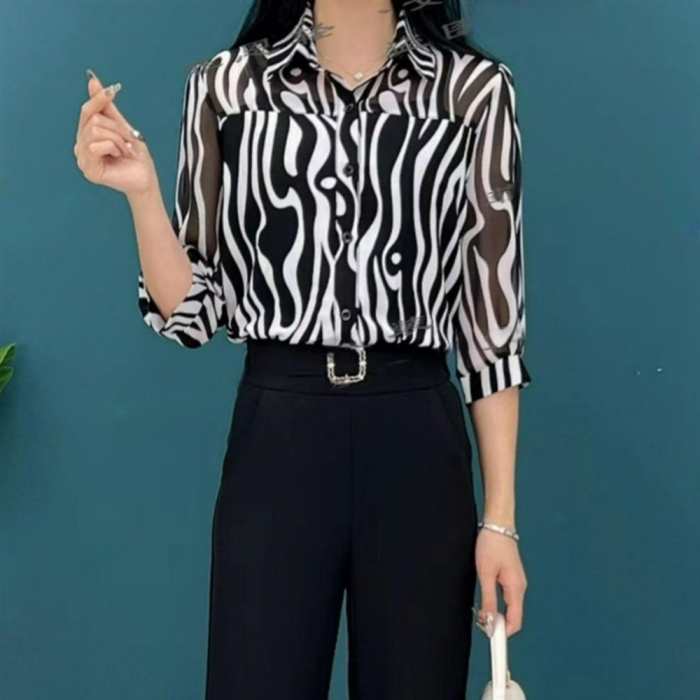 2025春时尚优雅衬衫女中长袖气质黑白条印花设计感小衫女神范上衣