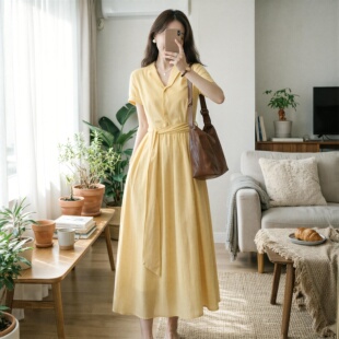 法式简约气质黄色V领衬衫连衣裙女夏季新款高级感收腰显瘦A字长裙