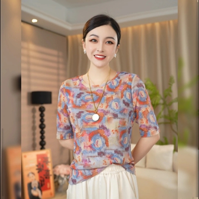 印花遮肉显瘦中袖上衣女