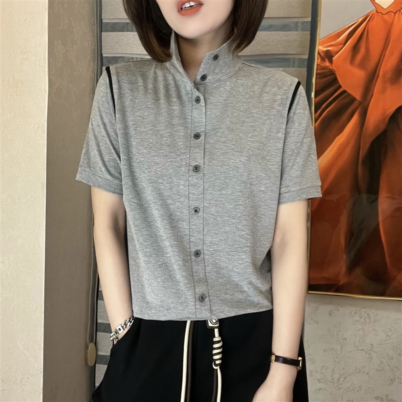 夏季半高领短袖t恤女士2025新款洋气宽松打底衫时尚灰色体桖上衣