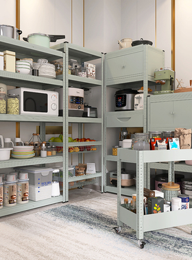 灰绿色厨房置物架落地式多层微波炉烤箱收纳储物放锅架子省空间