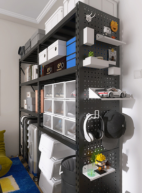 黑色家用置物架三层下空式洞洞板家用阳台货架行李拉杆箱收纳架m1