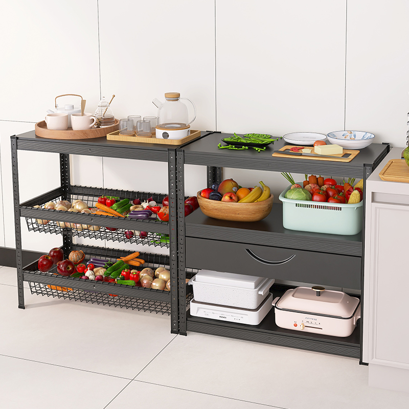 黑色厨房置物架落地多层多功能切菜桌操作台微波炉架子烤箱收纳柜