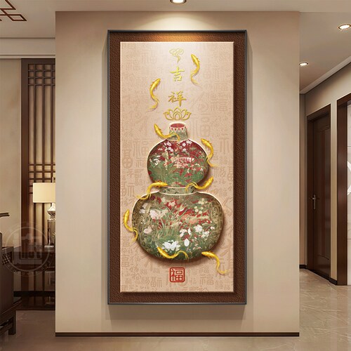 百福图新中式玄关装饰画葫芦福禄壁画走廊过道竖版入户门挂画定制