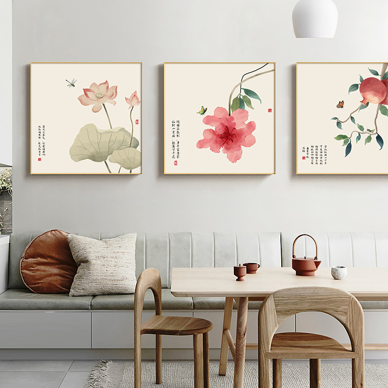 新中式荷花三联画客厅装饰画沙发背景墙挂画现代简约走廊过道壁画图片