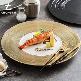 瓷峒拉丝平盘陶瓷白色圆托盘餐厅酒店黑色盘子锻金银边大平盘