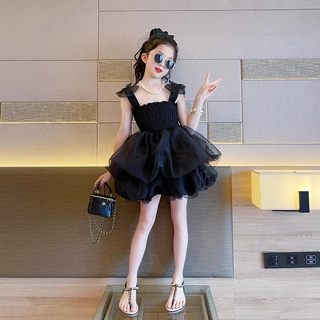 女童夏季连衣裙2024新款洋气吊带裙儿童赫本风纯色气质礼服裙子