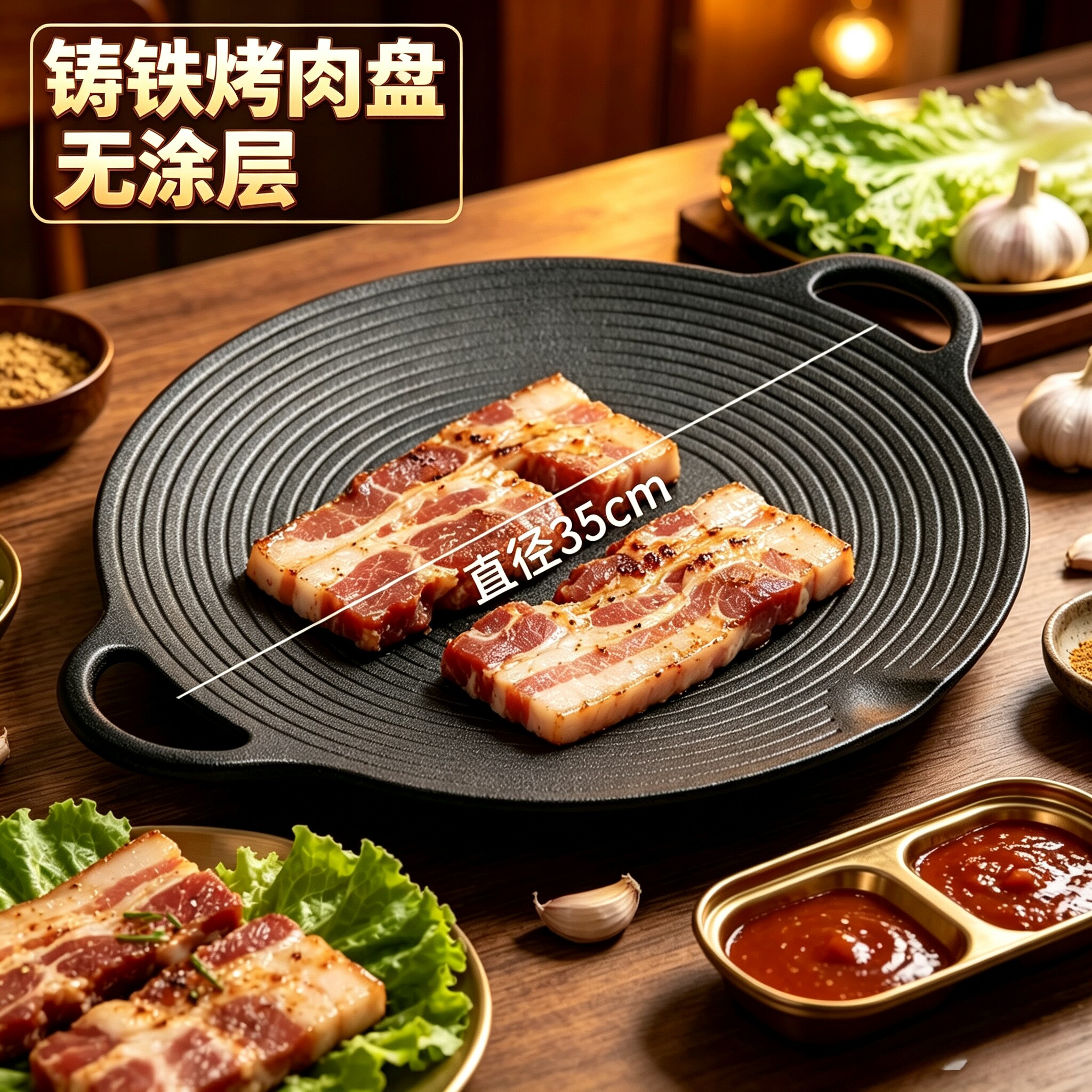 户外烧烤盘韩式烤肉盘铸铁平底锅铁板烧露营煎烤盘不粘烤肉锅家用