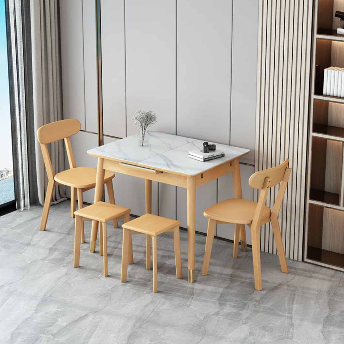 实木伸缩餐桌家用小户型现代简约北欧岩板餐桌椅带电磁炉折叠饭桌