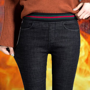 显瘦高腰秋冬弹力松紧腰裤 加绒韩版 长裤 女小脚裤 子 百搭黑色牛仔裤