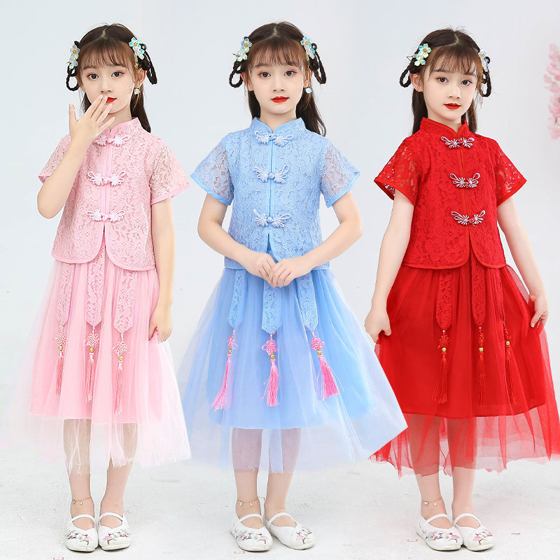 女童汉服中国风蕾丝短袖夏款套裙