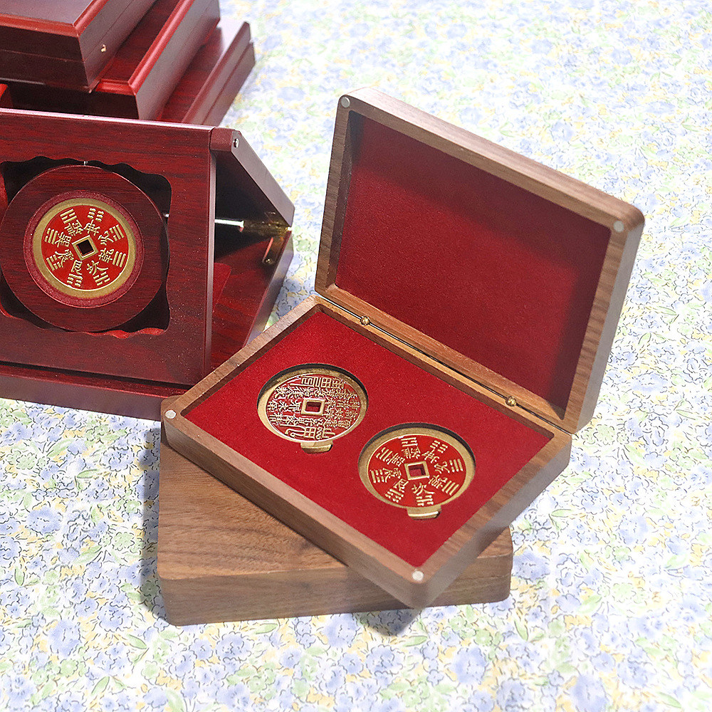 黑胡桃实木双币盒纪念币金币银元铜钱币收纳礼品木盒胡桃木包装盒