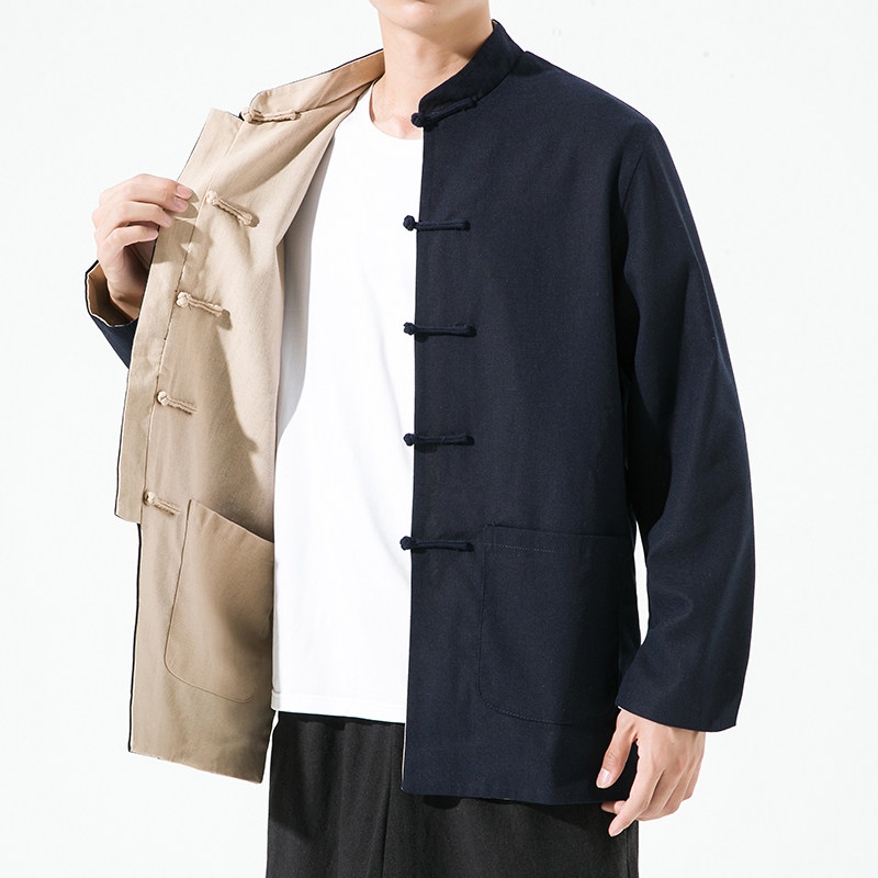 중국 스타일 개선 HANFU 가역 당나라 정장 탑 남성 복고풍 단추 재킷 셔츠 느슨한 다목적 캐주얼 재킷