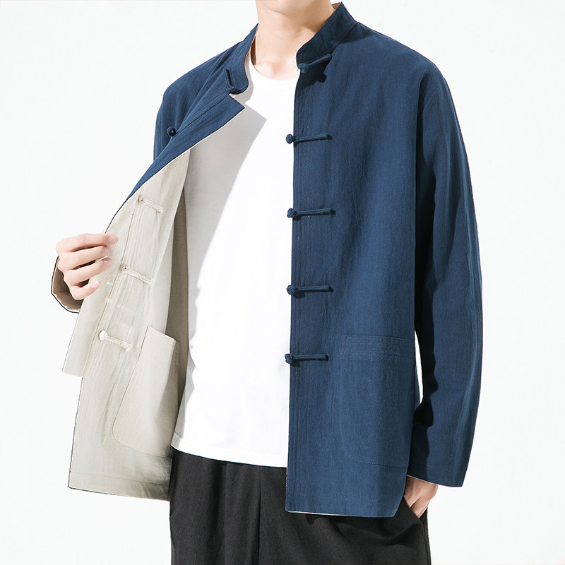 민족 스타일 남성 복고풍 단추 당나라 정장 재킷 중국 스타일 가역 개선 HANFU 느슨하고 다용도 스탠드 칼라 탑