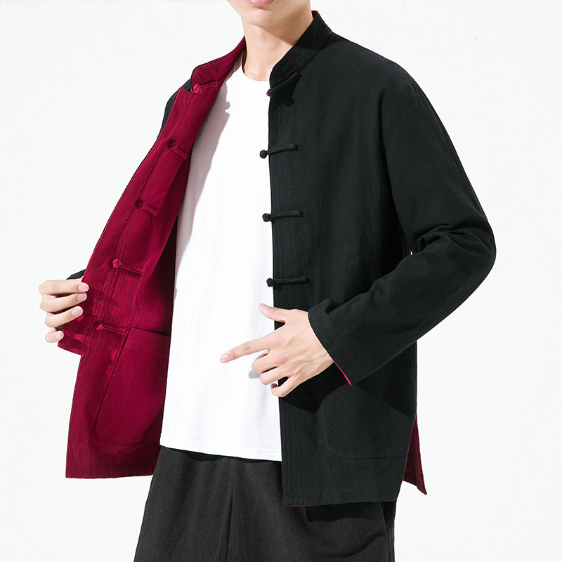 민족 스타일 남성 복고풍 단추 당나라 정장 재킷 중국 스타일 가역 개선 HANFU 느슨하고 다용도 스탠드 칼라 탑