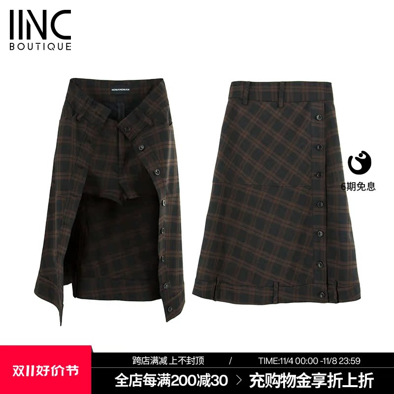 IINC NOMANOMAN 原创设计侧边纽扣 中长款格子字半身裙女高腰裙裤