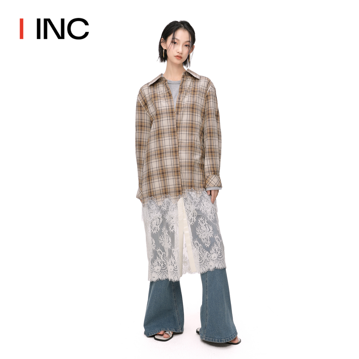 [折扣]ICEDUST 蕾丝拼接宽松格子长袖衬衫开叉连衣裙女 IINC