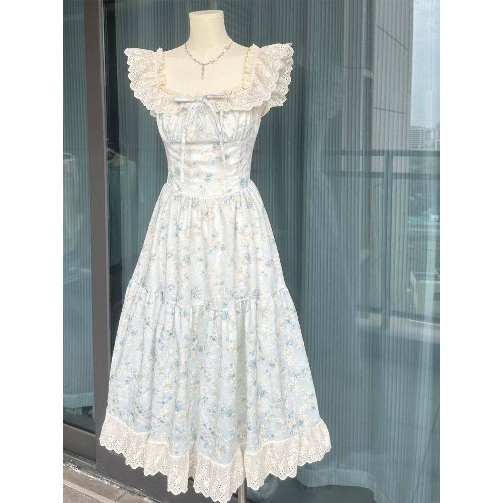 樱织花翎 夏装新款日系软妹可爱甜美小飞袖温柔碎花收腰连衣长裙