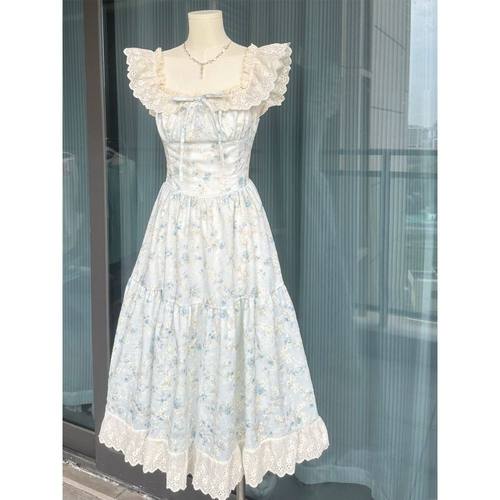 樱织花翎 夏装新款日系软妹可爱甜美小飞袖温柔碎花收腰连衣长裙