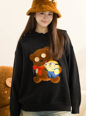 环球影业小黄人BOB+TIM黑色绒绒毛衣搭TIM熊羊羔绒双面渔夫帽套装